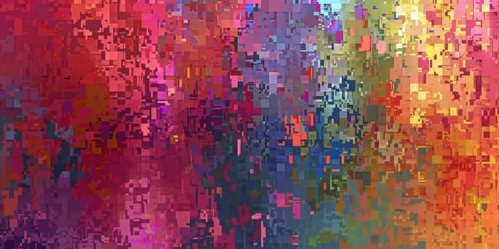 Artistic abstract digital image of rainbow color in pixel art texture. The squares are various sizes and bright colors, including red, blue, yellow, green, and orange. Gradient color concept. AIG42.