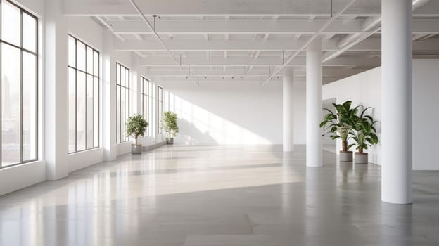 Minimalist interior room design with concrete floor with sun shine in room. The lack of furniture and other features gives the room a stark, industrial feel. A modern loft apartment concept. AIG42.