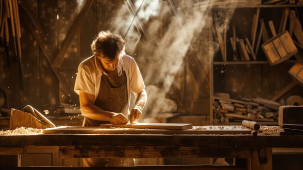 An experienced artisan carefully shapes wooden elements, demonstrating the art of fine woodworking in his cluttered workshop. AIG41