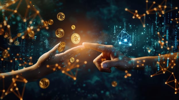 Close up of business man hand exchanging money to cryptocurrency. Investor changing coin currency with digital coin with hologram of abstract financial investment trading or shiny gold coin. AIG42.