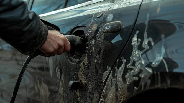 A man plugs in an electric car to charge it. AIG51A.