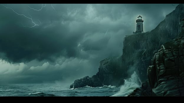 A lighthouse stands on a cliff above the ocean on a cloudy day, with water below, cumulus clouds in the sky, and wind waves on the horizon AIG50