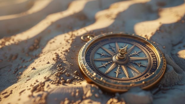 An automotive tire rests on a bed of soil, surrounded by a circle of wood and metal. A compass lies on top, set against a landscape of electric blue water and art AIG50