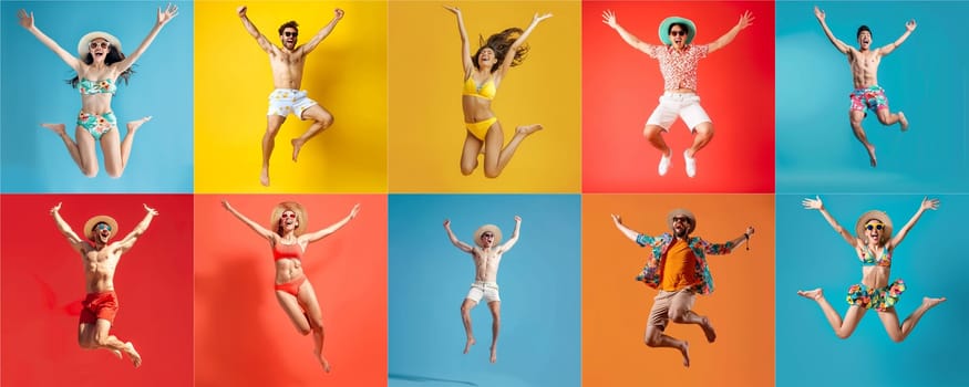 Summer people collection set, diverse people jumping on colorful background, many people funny jump wearing summer outfit fashion ready for swim and summer activity, summertime, beachwear AIG48