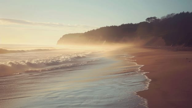 A misty beach at dawn with trees silhouetted against the sky. The horizon blends into the fluid water, creating a serene natural landscape AIG50