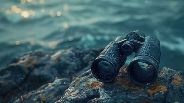 A pair of binoculars rests on a sturdy rock overlooking the ocean, where wind waves crash against the rocky shores and liquid water meets solid bedrock AIG50
