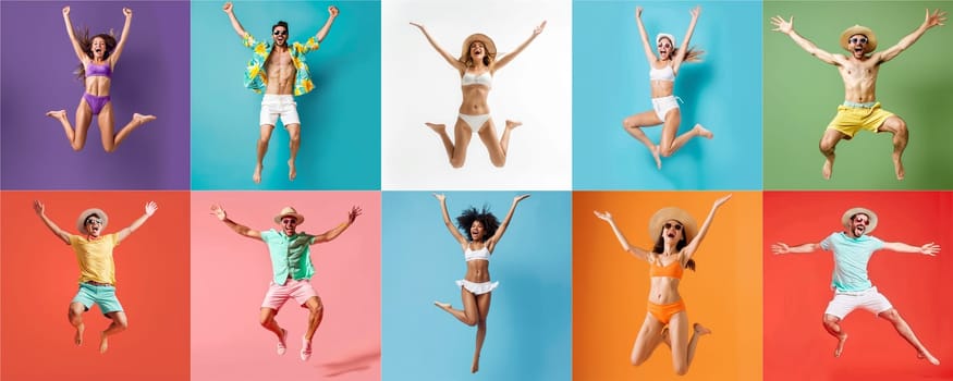 Summer people collection set, diverse people jumping on colorful background, many people funny jump wearing summer outfit fashion ready for swim and summer activity, summertime, beachwear AIG48