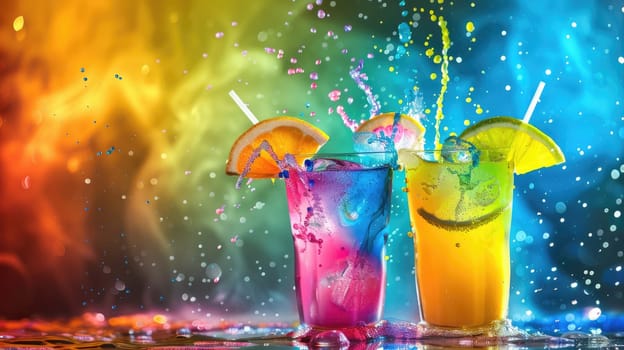 A colorful array of liquid paints splashes into the water, creating a beautiful painting resembling a natural landscape with petals, fruit, and drinkware AIG50