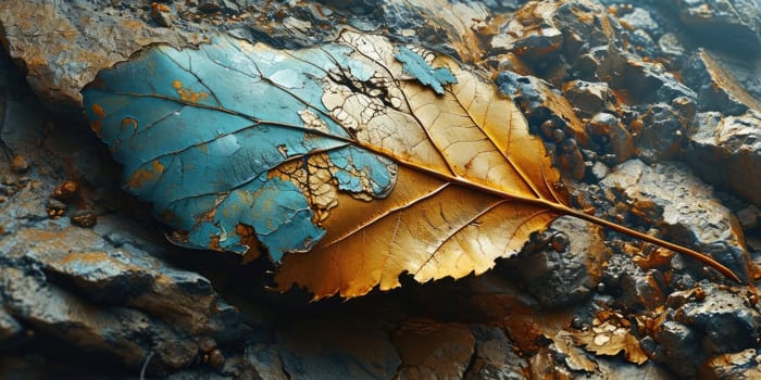 The picture of nature that focused to the gold leaf from tree in the forrest that stay on ground and got illuminated with the bright light of sunlight in the summer or spring time of the year. AIGX03.
