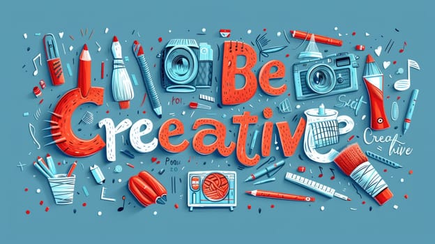 The letter of be creative in variant texture with bright light colorful color with making or constructing with musical element and art equipment with 3D design. Recreation concept. Lettering. AIG42.