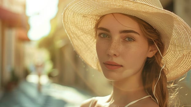 A close up of a happy blond woman wearing a stylish sun hat as a fashion accessory at a fun event. She is sporting a fedora or cowboy hat for a chic look AIG50