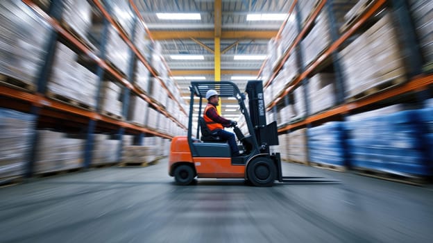 A man operates a forklift in a warehouse, transporting goods amidst shelves of building materials and wooden flooring. AIG41