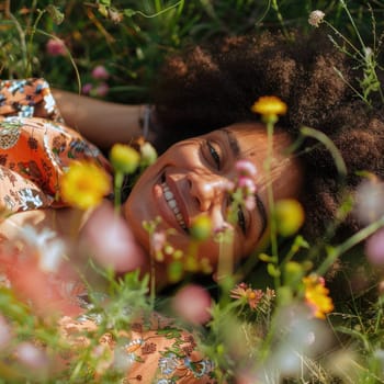 The painting depicts a woman with elegant hairstyle and captivating facial expression, laying in the grass surrounded by colorful flowers AIG50