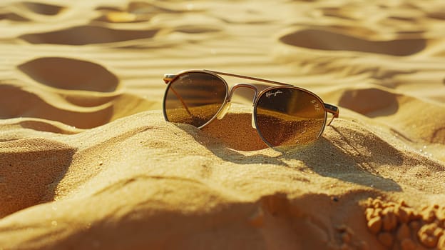 A fashionable pair of sunglasses made of transparent material sits atop a pile of sand on a beach, providing vision care and protection from the bright sunlight AIG50