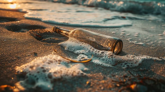 A discarded bottle lies on the sandy beach, surrounded by the tranquil landscape of water, wildlife, and rocks AIG50