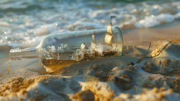 A wooden bottle with a miniature boat inside rests on the sandy soil. Nearby, a tree trunk lies on the natural landscape, surrounded by terrestrial plants and bedrock AIG50