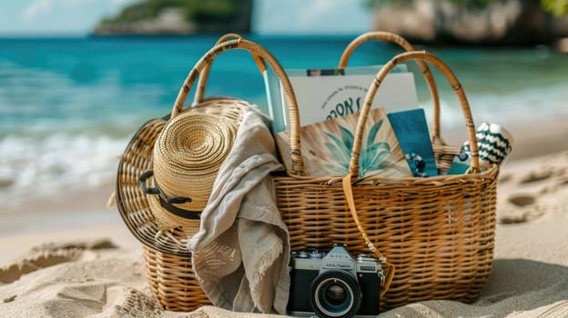 A waterresistant wicker basket packed with a hat, camera, and books rests on the sandy beach, blending wood, fashion accessories, and art into the coastal landscape AIG50