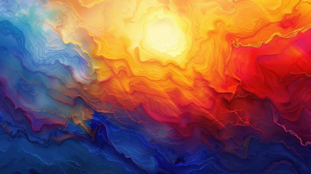 A stunning painting capturing a vibrant sunset with hues of orange and amber reflecting in the water, set against a backdrop of red sky and fluffy cumulus clouds AIG50