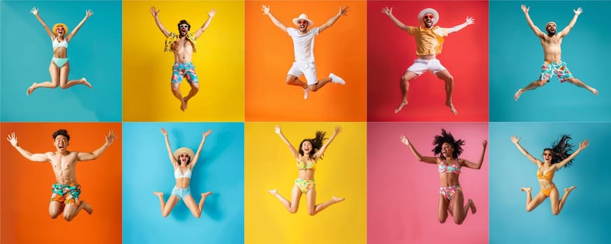 Summer people collection set, diverse people jumping on colorful background, many people funny jump wearing summer outfit fashion ready for swim and summer activity, summertime, beachwear AIG48
