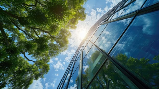 A big tall structure with an uncountable amount of the mirror or glass that reflect the of light by the bright sun and show what is on the other side of them that the picture of it so clear. AIGX03.