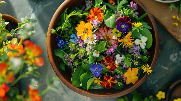An artful arrangement of leafy greens and colorful flowers in a bowl, placed on a vibrant blue table. The natural landscape is enhanced with this beautiful botanical illustration AIG50