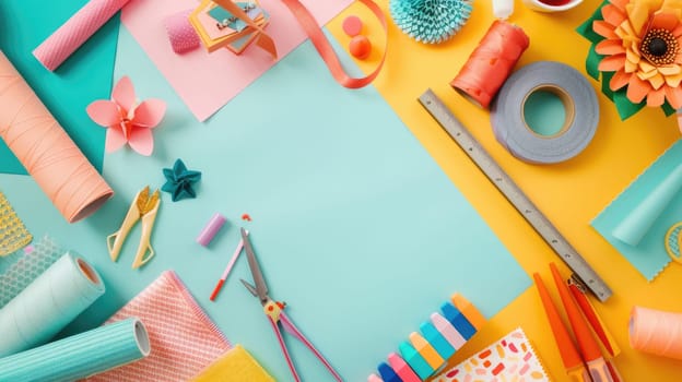 A table decorated with paper flowers, craft supplies, and colorful textiles in shades of green, azure, orange, yellow, and aqua. The vibrant electric blue patterns add an artistic touch AIG50