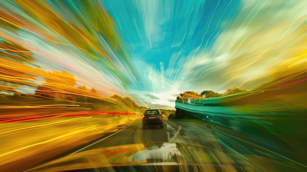 A vibrant magenta lens flare illuminates the electric blue automotive lighting on the car as it speeds down the highway at night, under a starry sky AIG50