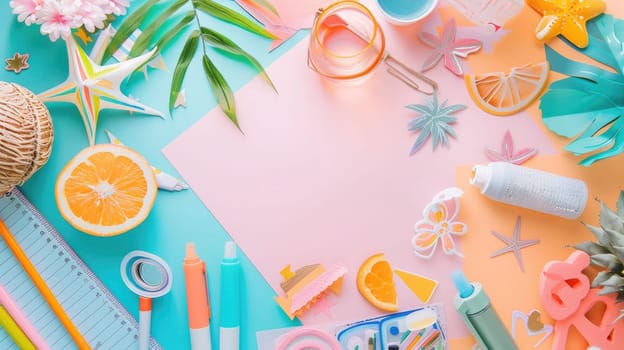 Using their green thumb and nimble fingers, a person creates paper flowers and leaves on an azure table, surrounded by nature and beauty AIG50