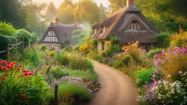 A picturesque lane meanders through an idyllic English village, lined with charming thatched cottages and vibrant, blooming gardens at sunset. Resplendent.