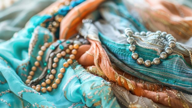 Handcrafted body jewelry made from natural materials, a set of necklace and earrings adorned with intricate patterns, sitting on the sandy beach as a creative art display AIG50