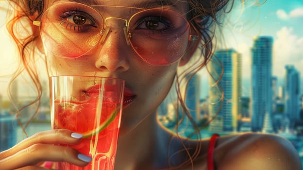 A woman with a joyful smile is enjoying a drink by the water, overlooking the city skyline with tall skyscrapers and fluffy clouds in the sky. It seems like she is on a happy travel adventure AIG50