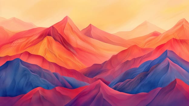 A vibrant painting of a mountain range with the sun shining through the orangetinted mountains, showcasing creative use of tints and shades and triangular shapes AIG50