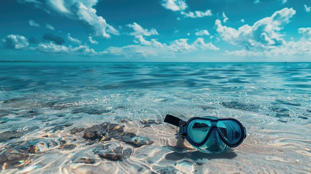 A pair of scuba diving goggles lay on the sandy beach, with azure waters and blue skies creating a picturesque natural landscape. Vision care eyewear for underwater adventures AIG50