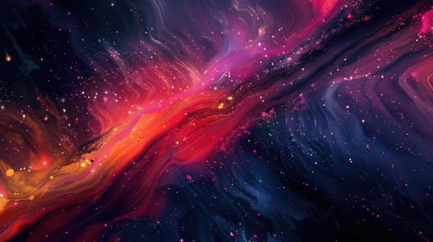 An artful computer generated image showcasing a vibrant rainbow in the sky, featuring shades of purple, violet, pink, magenta, and electric blue reflecting in the water with clouds in the background AIG50