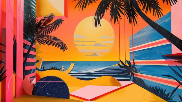 A vibrant painting depicting a breathtaking sunset over a tranquil lake, with majestic mountains in the background. The sky is filled with colorful clouds, creating a stunning visual arts event AIG50