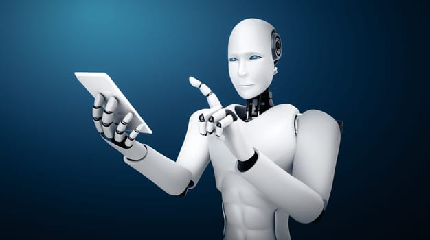 MLP 3d illustration Robot humanoid use mobile phone or tablet in future office while using AI thinking brain , artificial intelligence and machine learning process. 4th fourth industrial revolution 3D illustration.