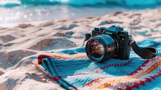 A camera is placed on a blanket at the beach, with the camera lens pointing towards the sea. It appears to be a digital camera, possibly a pointandshoot or mirrorless interchangeablelens camera AIG50