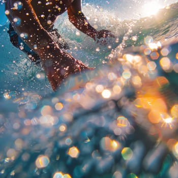 A person is happily riding a wave on a surfboard in the liquid world of the ocean, surrounded by the vast sky and majestic astronomical objects AIG50