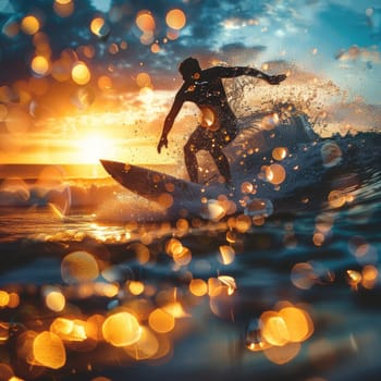 A person is happily riding a wave on a surfboard in the liquid world of the ocean, surrounded by the vast sky and majestic astronomical objects AIG50