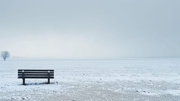 A minimalist landscape photo of white snowy landscape with iron bench. Fluffy 3D image of realistic of black bench placed at garden surrounded snow in winter season. Alone, lonely. Background. AiG42.
