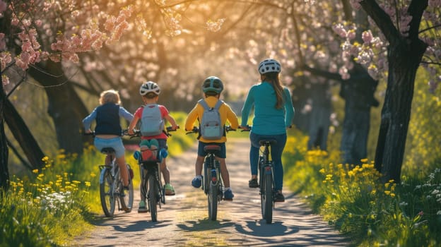A group of people enjoy cycling on their bicycles through a beautiful natural landscape, surrounded by trees, grass, and plants. AIG41