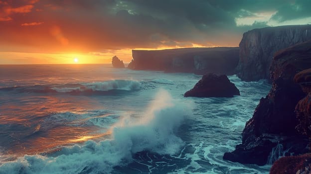 A picturesque painting capturing the sunset over the ocean, with vibrant colors reflecting on the water and a beautiful sky filled with cumulus clouds AIG50
