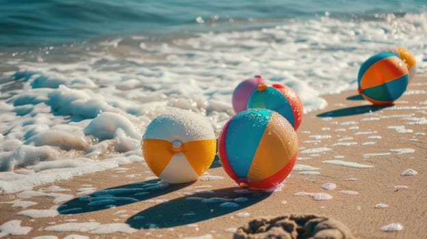 Three colorful beach balls are scattered on the sandy shore, inviting people to enjoy leisure and fun by the water. A perfect scene for a beach event or recreational activity AIG50