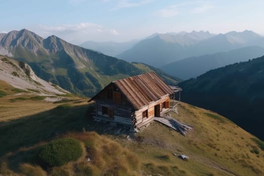 A wooden cabin nestled on a lush green hillside overlooking snow-capped mountains. AIG51A.