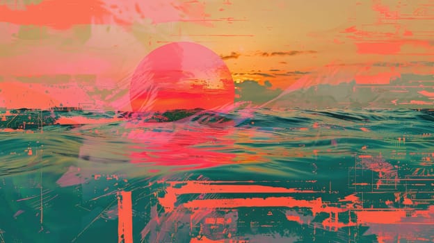 A beautiful painting depicting a peaceful sunset over a tranquil body of water, with vibrant red and orange hues reflecting in the sky and water AIG50