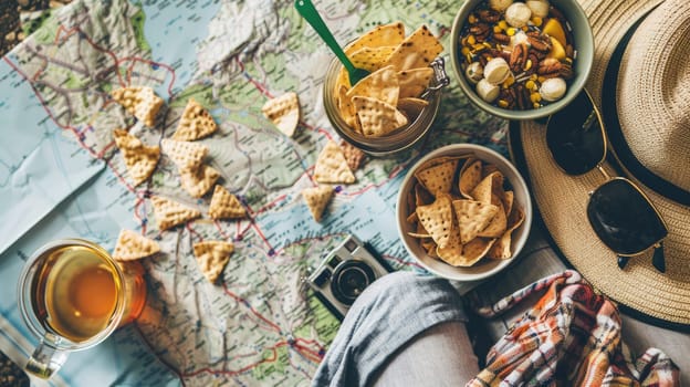 A traveler is laying on a map with a backpack and camera, capturing the worlds beauty. The scene combines art, travel, and leisure in a unique way AIG50