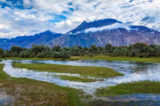 Panorama of Himalayas and landscape of Nubra valley on sunset. Hunber, Nubra valley, Ladakh, India