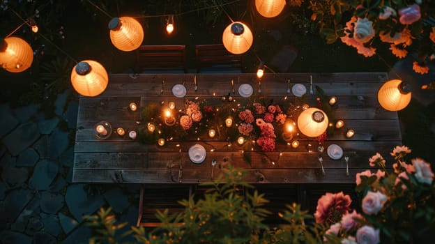 A wooden table adorned with candles, flowers, and an orange houseplant in a beautiful circular pattern, creating a cozy atmosphere for any event AIG50
