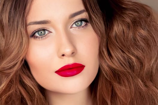 Beauty, makeup and hairstyle, face portrait of beautiful woman, red lipstick make-up and hair styling for skincare cosmetics, hair care, glamour style and fashion look idea