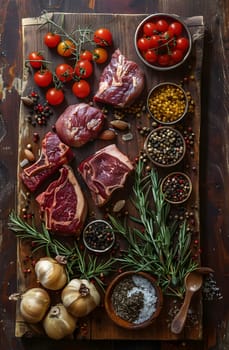 A natural wooden cutting board displayed with fresh ingredients including meat, vegetables, and spices, perfect for creating a delicious and nutritious recipe using whole foods and superfoods